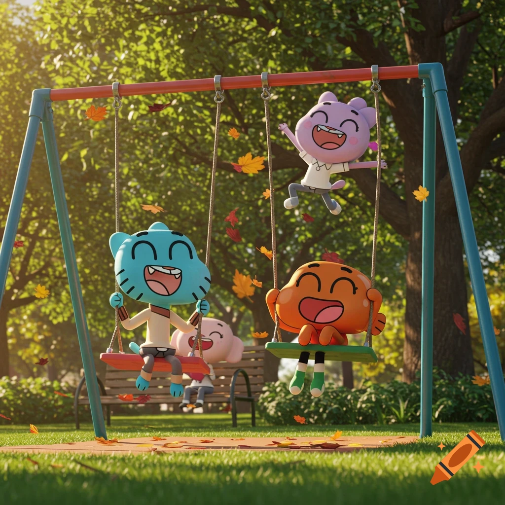 Gumball, Darwin, and Sarah from The Amazing World of Gumball are happily playing on a swing set in a park with falling autumn leaves.