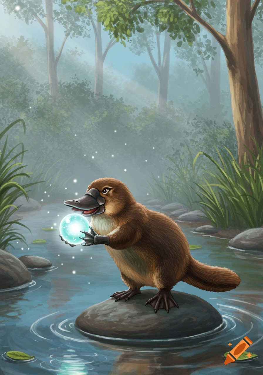An illustrated platypus stands on a rock in a misty forest stream, holding a glowing blue crystal orb.