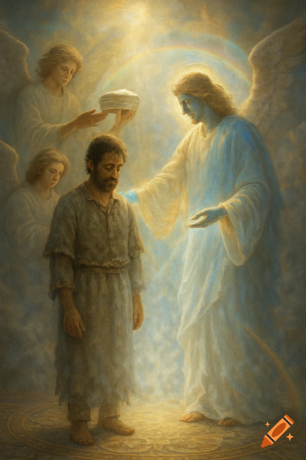 A man is touched by a radiant angel, as another angel holds an offering, in a painterly, golden-lit spiritual scene with a faint rainbow.