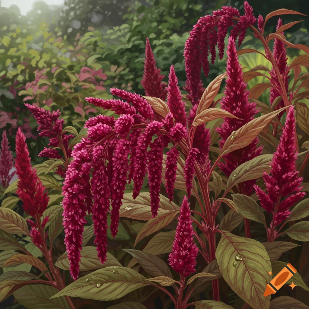 Vibrant merlot-colored Amaranthus caudatus flowers with green leaves and water droplets in a garden setting.