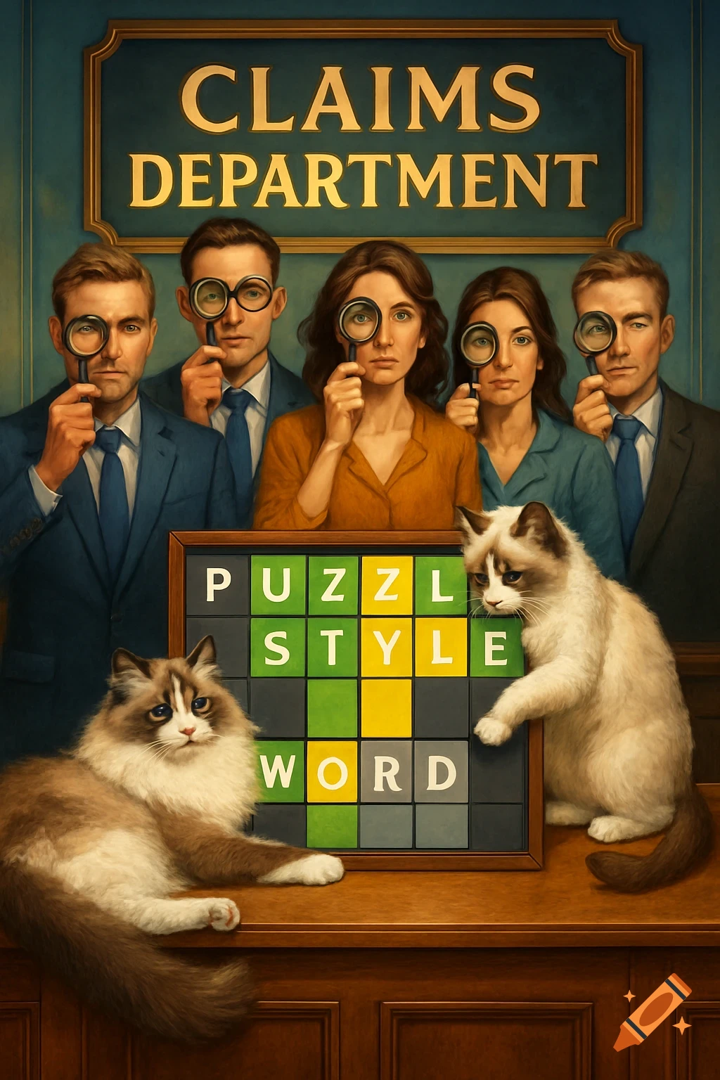 A group of five professionals holding magnifying glasses behind a desk with two Ragdoll cats. On the desk is a Wordle-style puzzle board. A sign above reads "Claims Department".