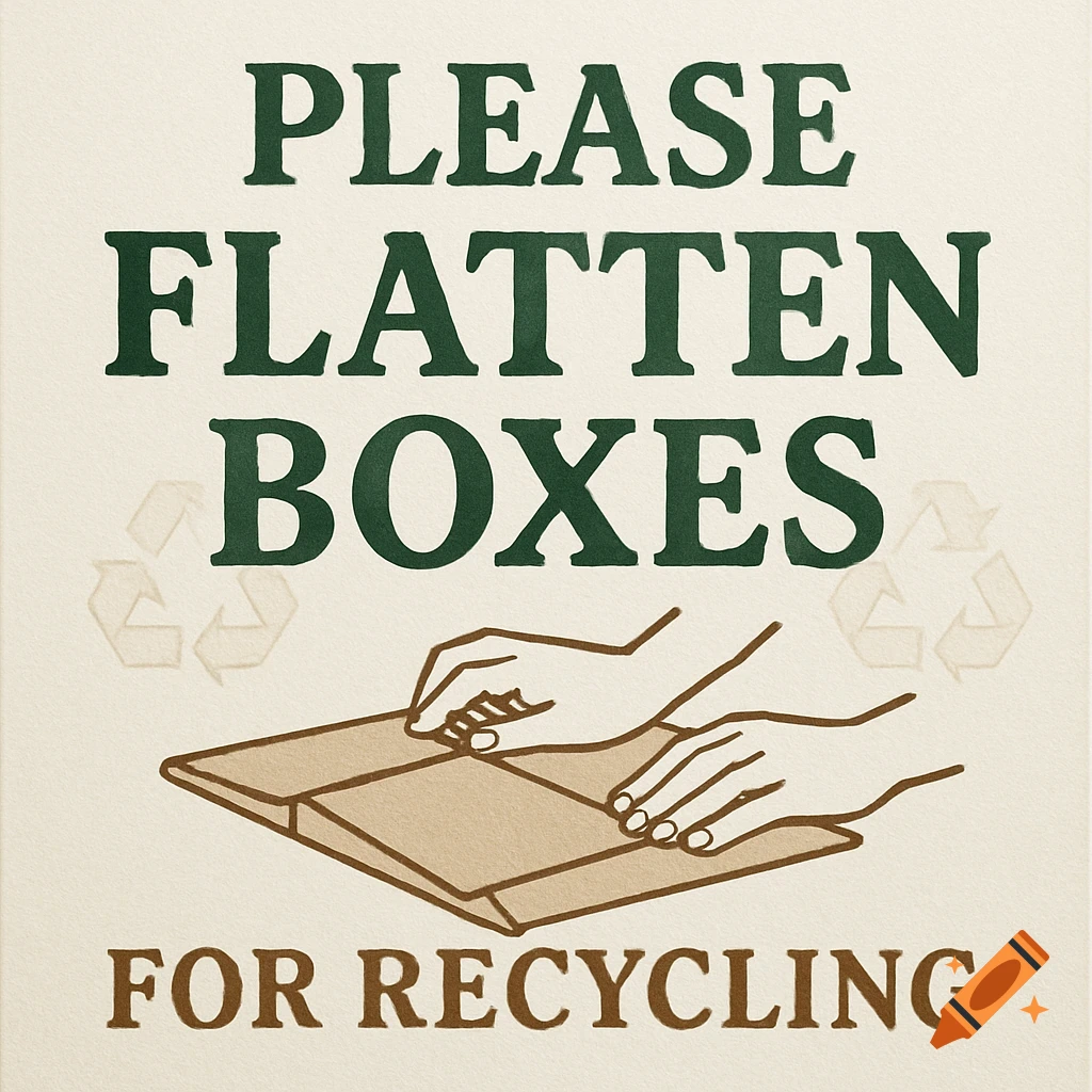 A graphic sign reads 'PLEASE FLATTEN BOXES FOR RECYCLING', featuring an illustration of hands flattening a cardboard box.