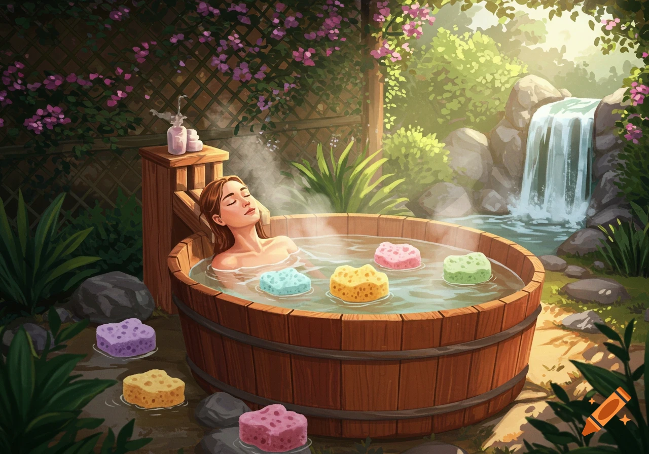 An illustrated scene of a woman relaxing in a wooden hot tub in a lush garden with a waterfall, colorful sponges floating in the water.