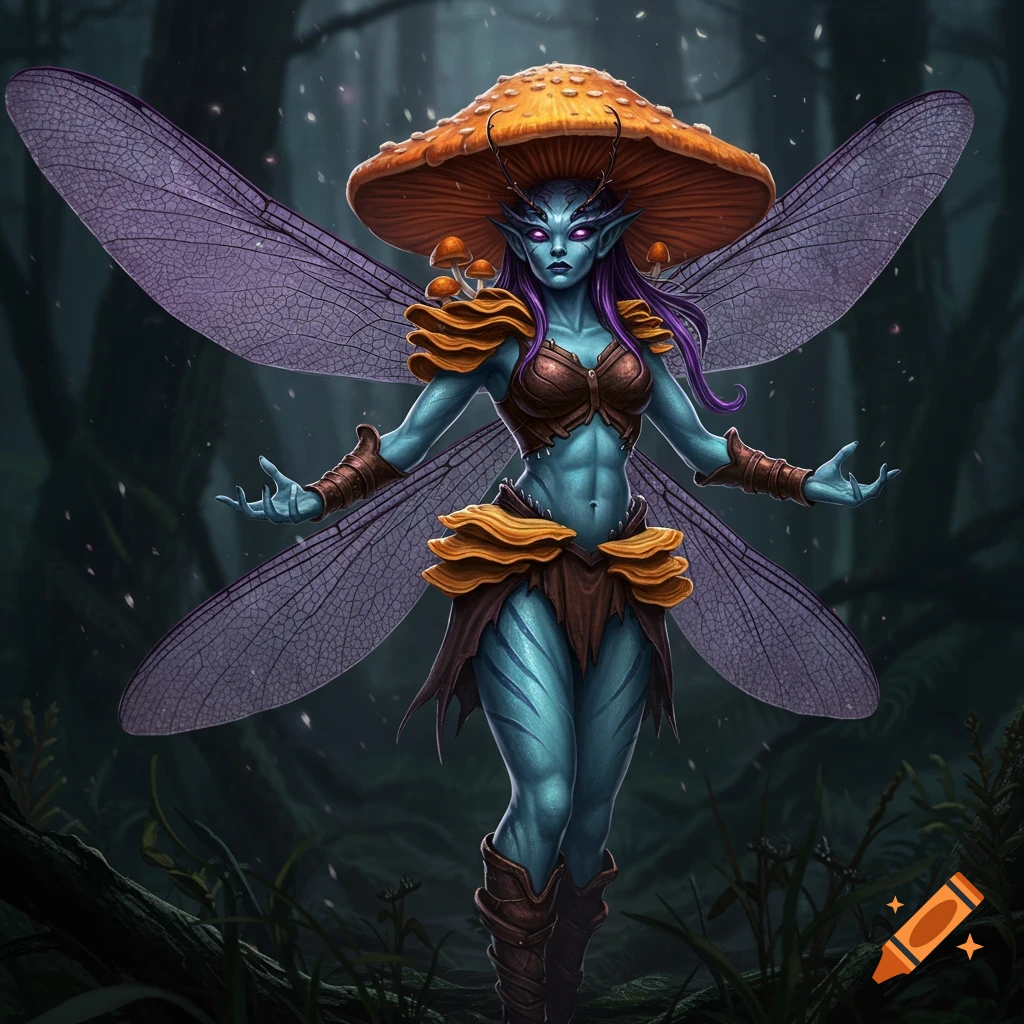 A blue-skinned mushroom fairy with large purple wings and a mushroom cap hat stands in a dark forest, digital painting.