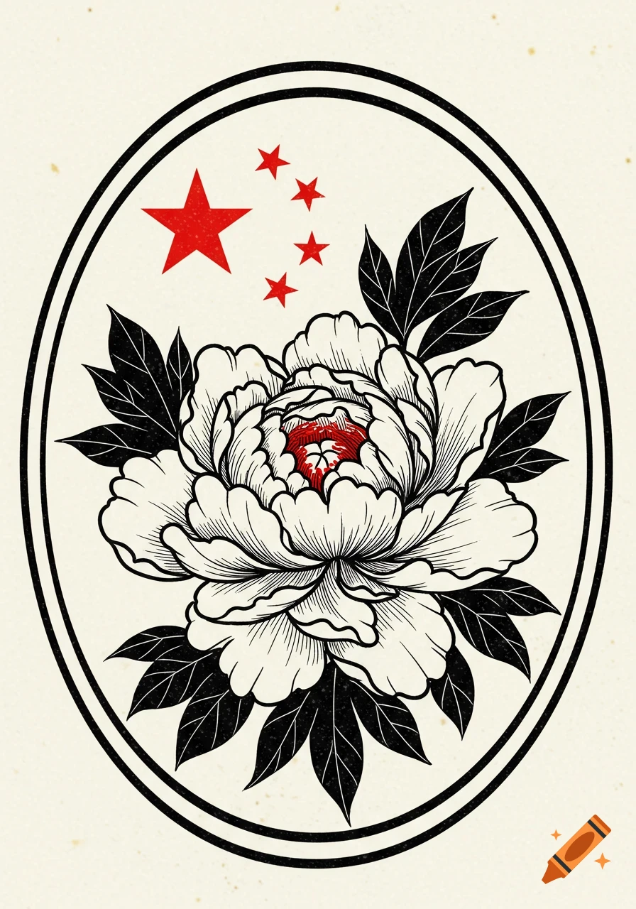 Black and white peony flower illustration with red stars in an oval, distressed stamp effect.