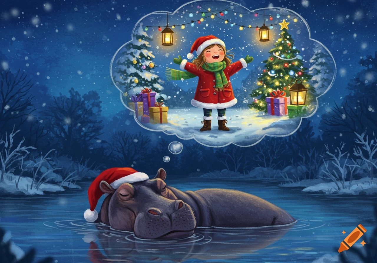 A hippo in a Santa hat dreams of a happy girl celebrating Christmas in a snowy landscape with decorated trees and presents, in a whimsical illustration.