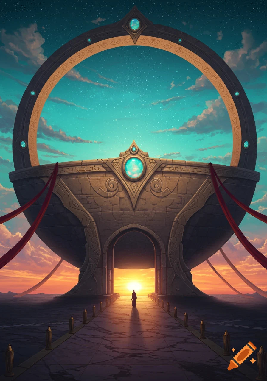 A person walks towards a colossal stone archway under a vibrant sunset sky and a starry teal upper sky.