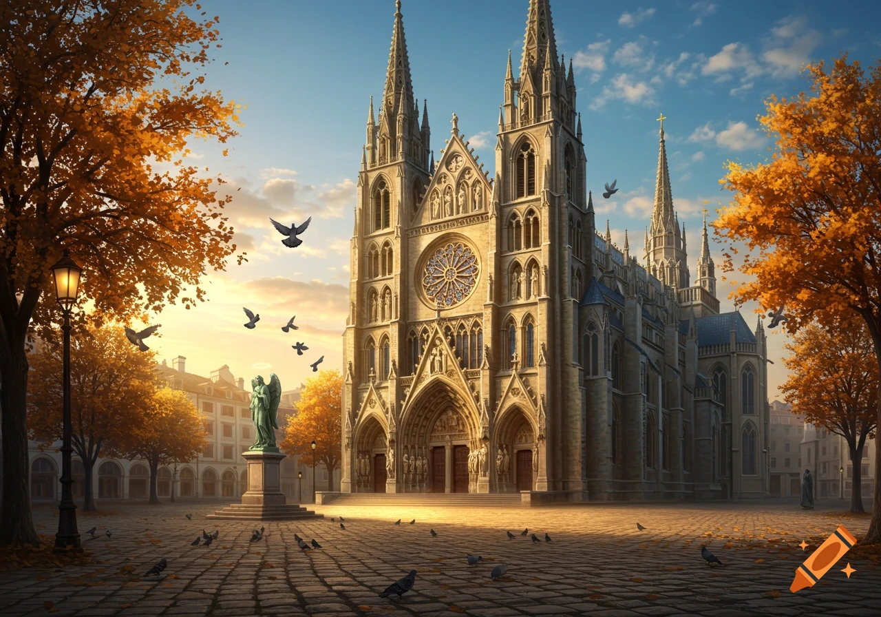 A grand Gothic cathedral with twin spires and a rose window at sunset, surrounded by golden autumn trees, a statue, and pigeons on a cobblestone square.
