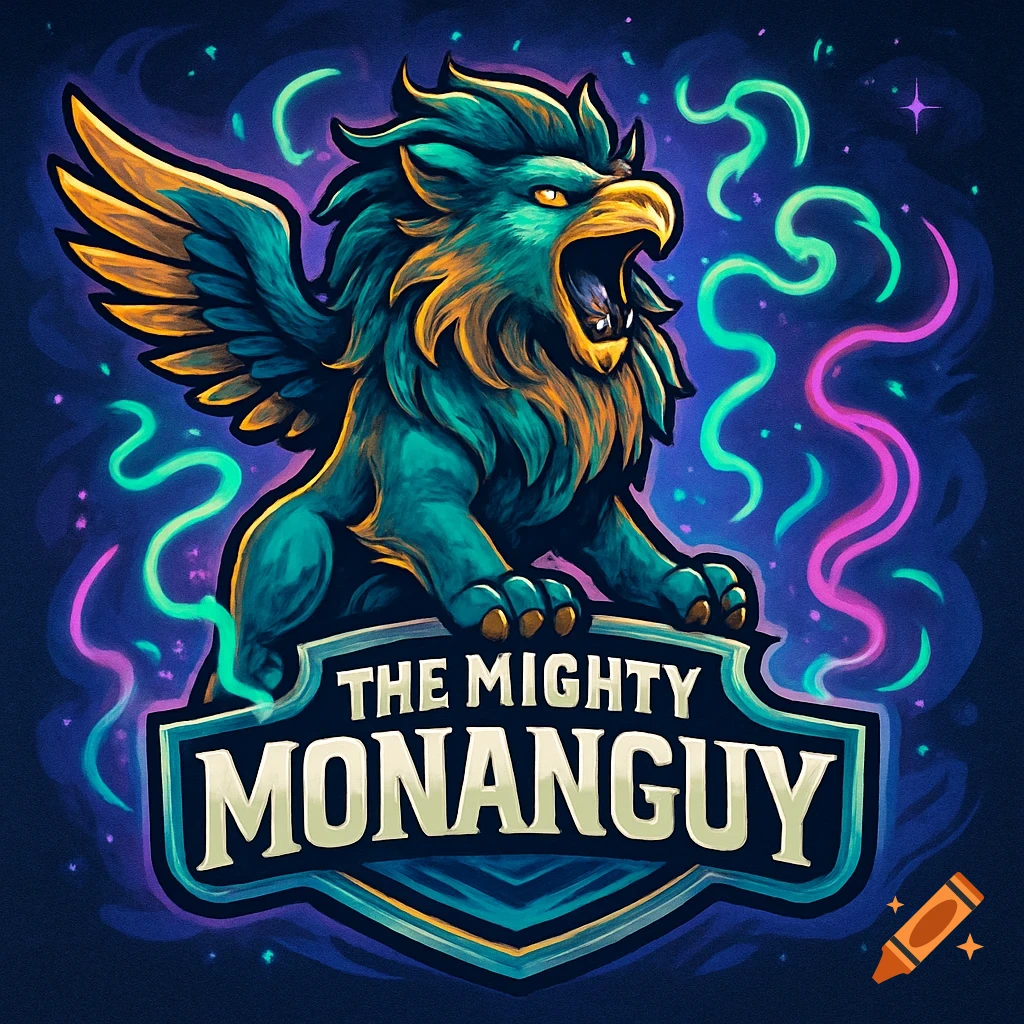 A vibrant teal and gold griffin-like creature roaring, set against a dark blue background with neon smoke trails, above a shield logo that reads 'THE MIGHTY MONANGUY'.