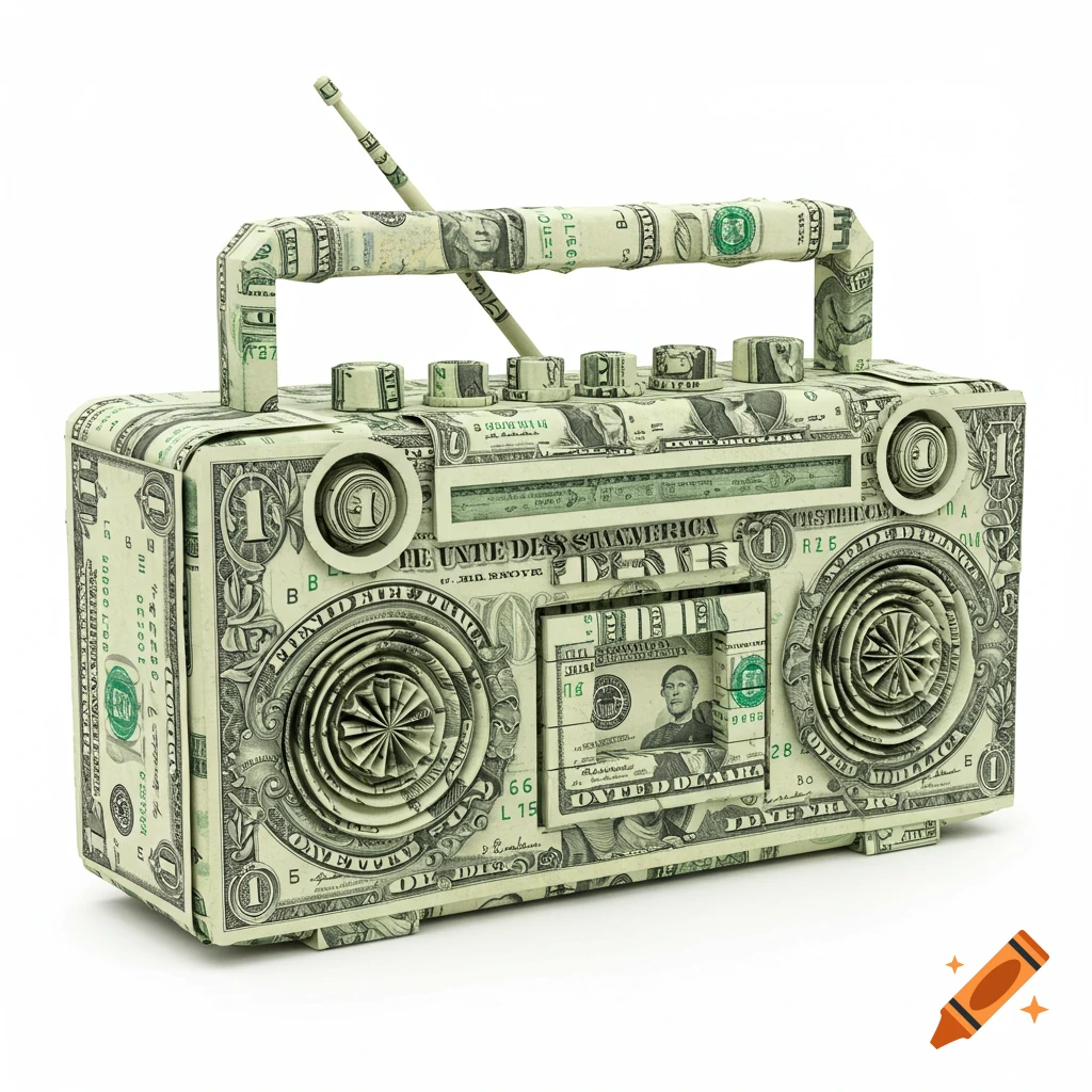 A photorealistic image of a boombox crafted entirely from folded US dollar bills, including the handle, speakers, and knobs, against a white background.