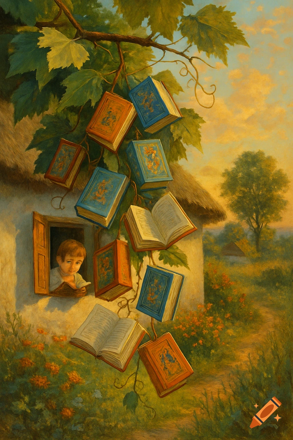 A child reads in a window of a rural house, as stylized books hang from a vine in a dreamlike, painterly landscape.
