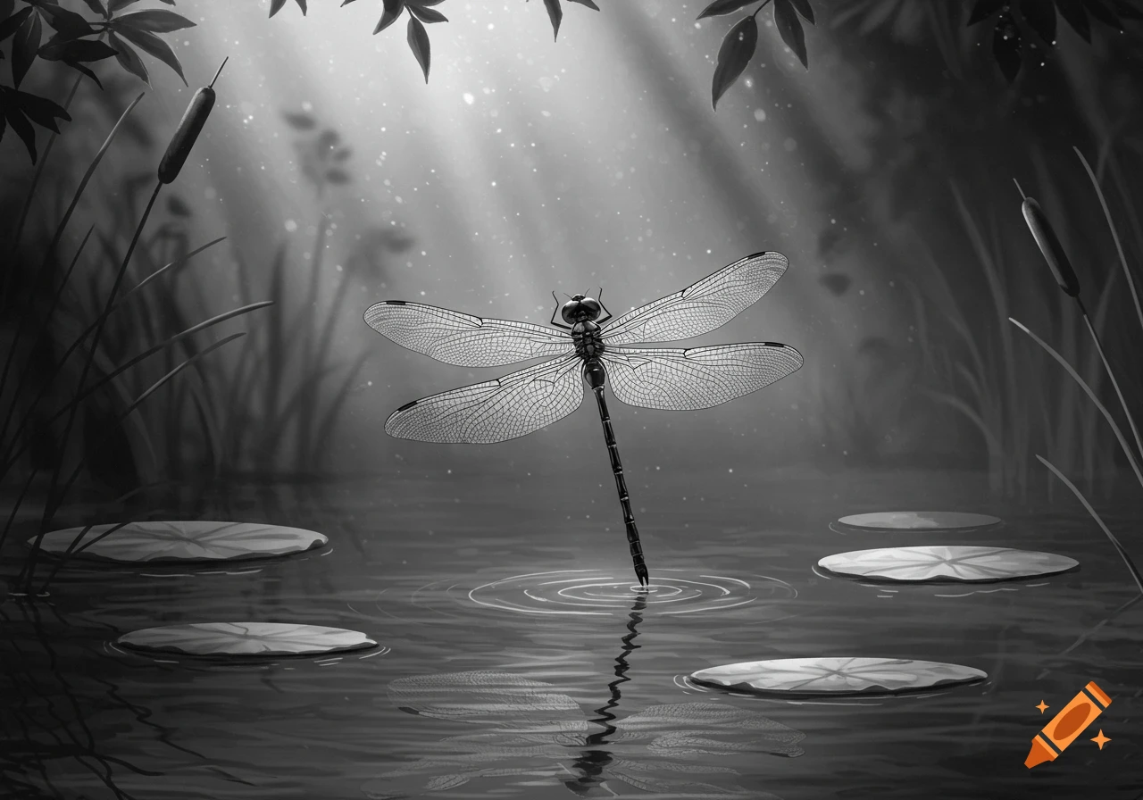 A monochrome illustration of a dragonfly hovering over a pond with lily pads and reeds, with light rays shining through.