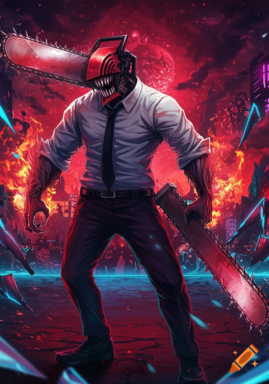 An anime character resembling Chainsaw Man, with a chainsaw head and arm, standing in a dynamic red and blue neon-lit cityscape.