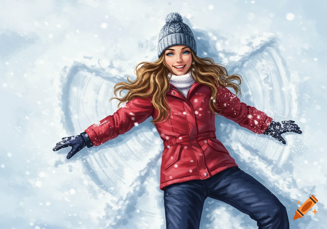 An illustrated young woman in a red jacket and beanie smiles while making a snow angel in fresh white snow.