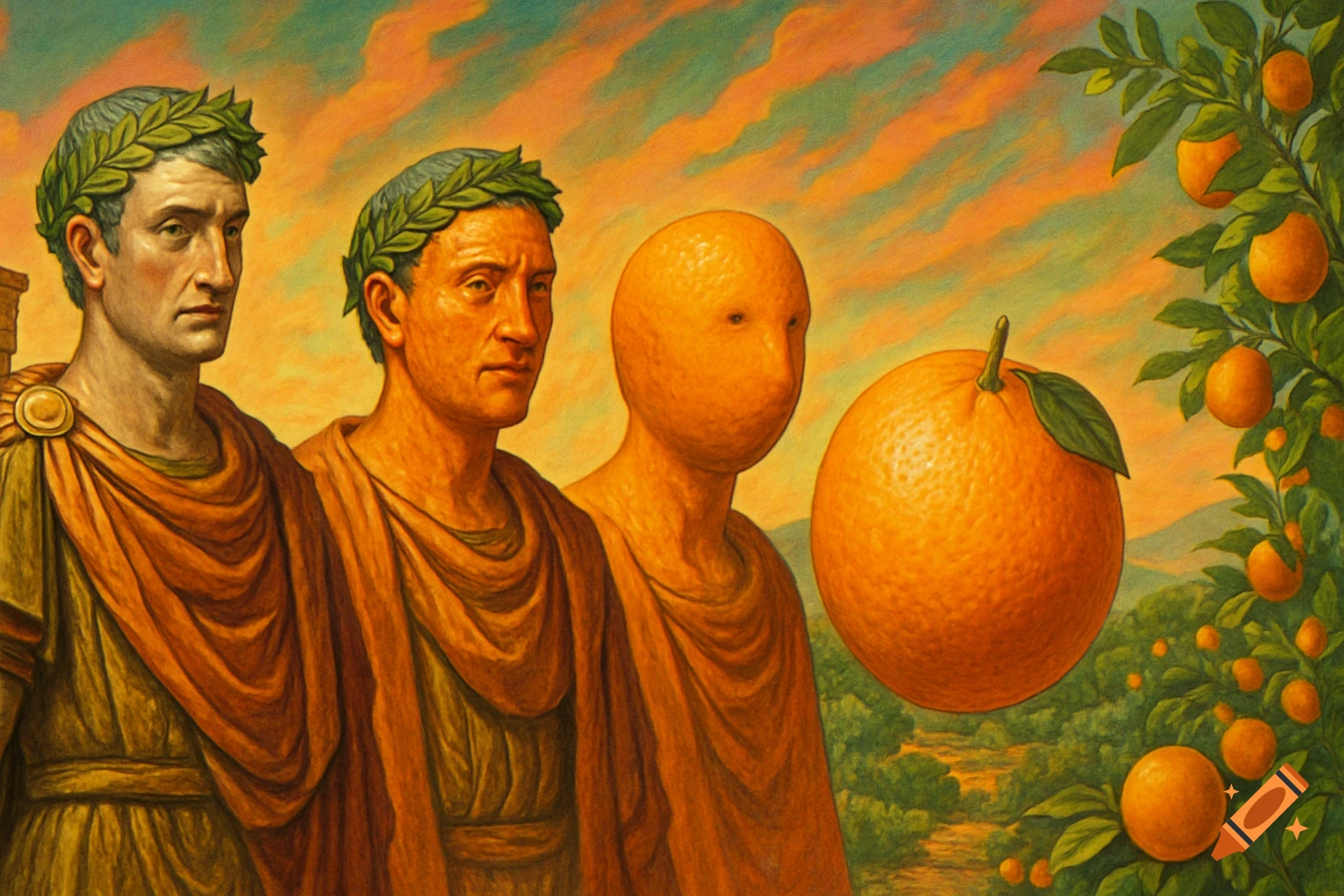 A surreal painting of three Roman figures, one transitioning into an orange, next to a large orange and an orange tree against a cloudy sky.