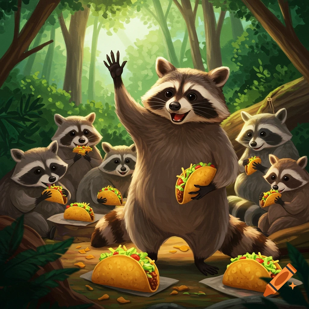 A drawing of a large raccoon waving with a taco, surrounded by other raccoons eating tacos in a forest.