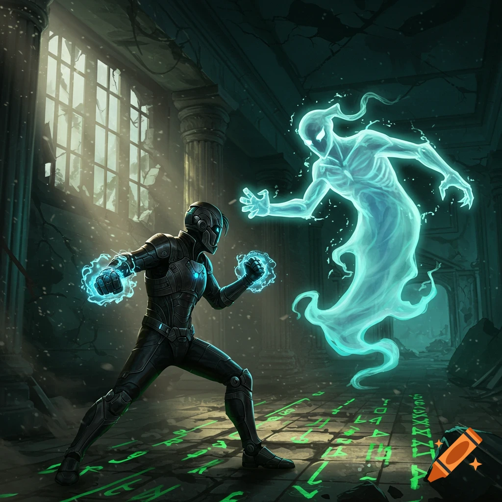 A figure in a dark suit with glowing blue hands confronts a translucent ghost in a ruined hall with glowing green floor symbols.
