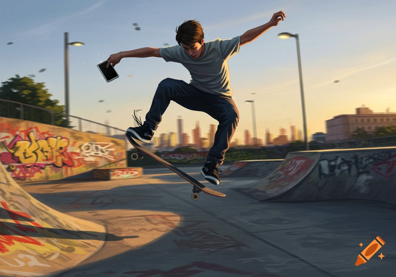 A young man performs a trick on a skateboard at a skate park with graffiti-covered ramps at sunset.