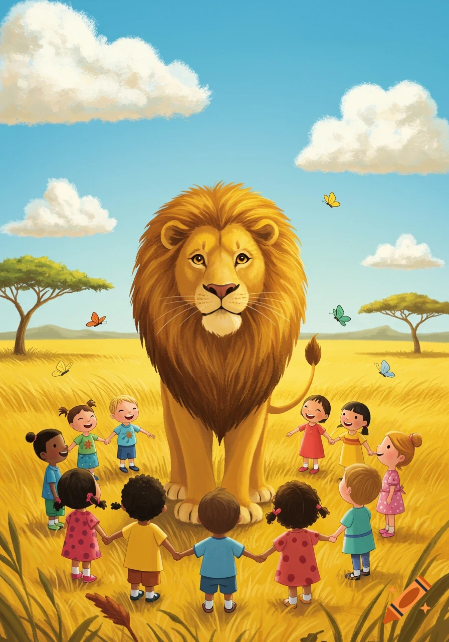 Children hold hands around a majestic lion in a sunny savanna, with acacia trees and butterflies, in a children's book illustration style.