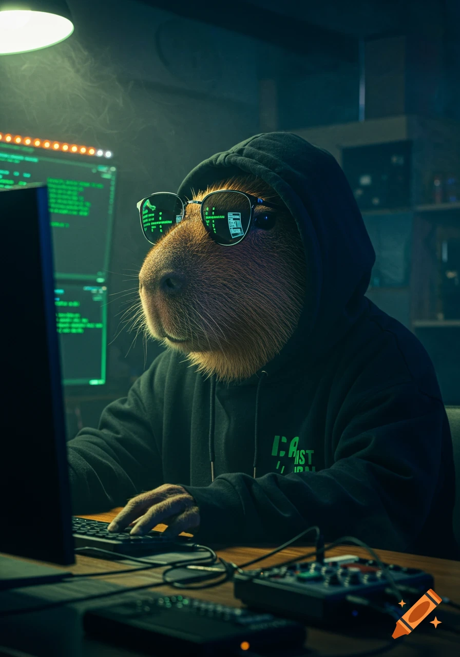 A capybara in a black hoodie and sunglasses sits at a desk, typing on a keyboard in a dark room with green code on computer screens.