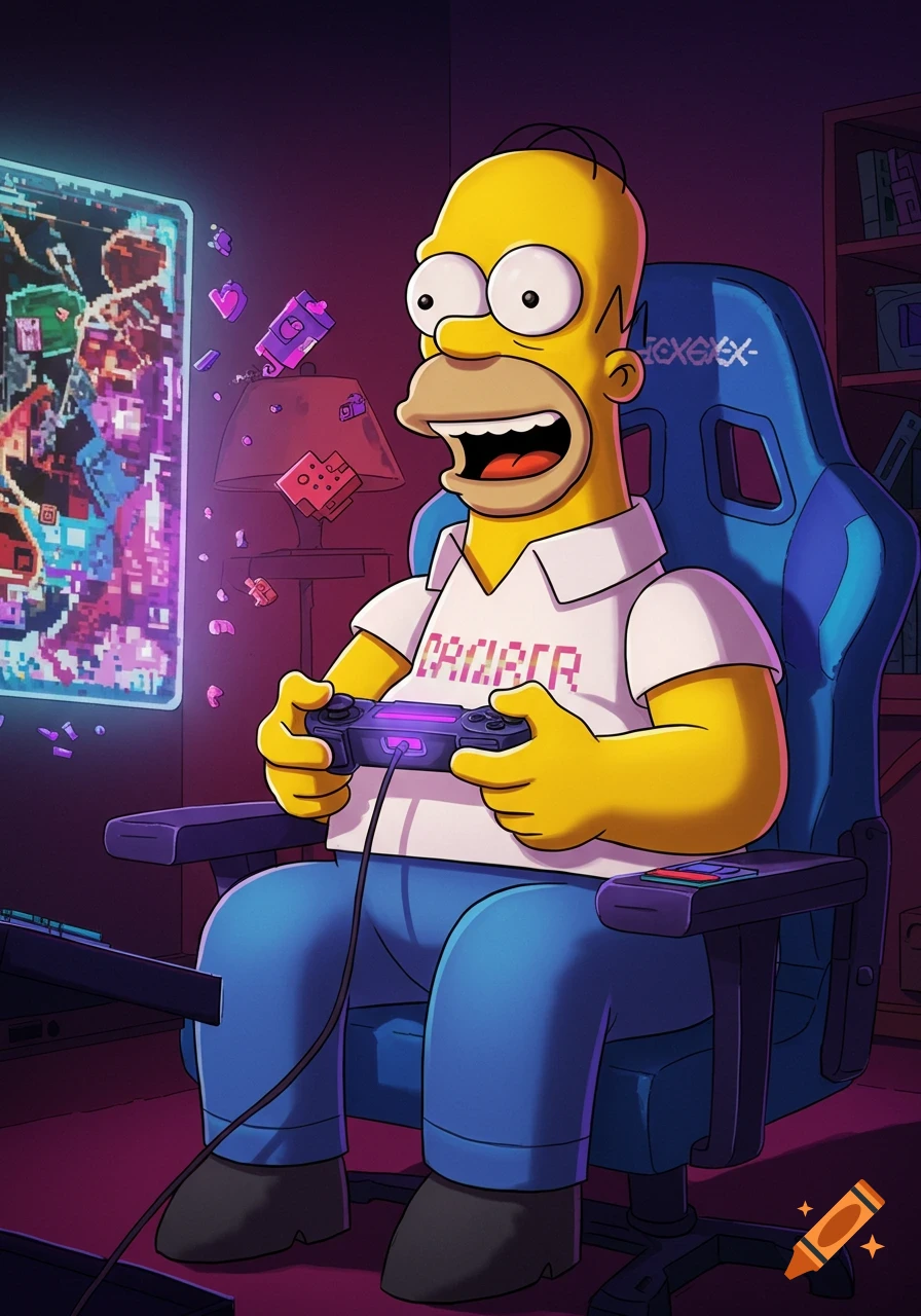Homer Simpson, an animated character, enthusiastically plays a video game in a dimly lit room, seated in a blue gaming chair.