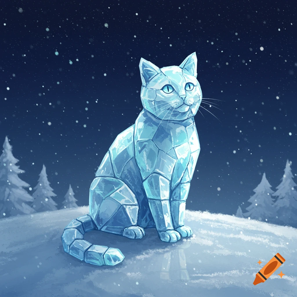 An illustration of a cat with a faceted ice body, sitting on a snowy hill under a starry night with falling snow.
