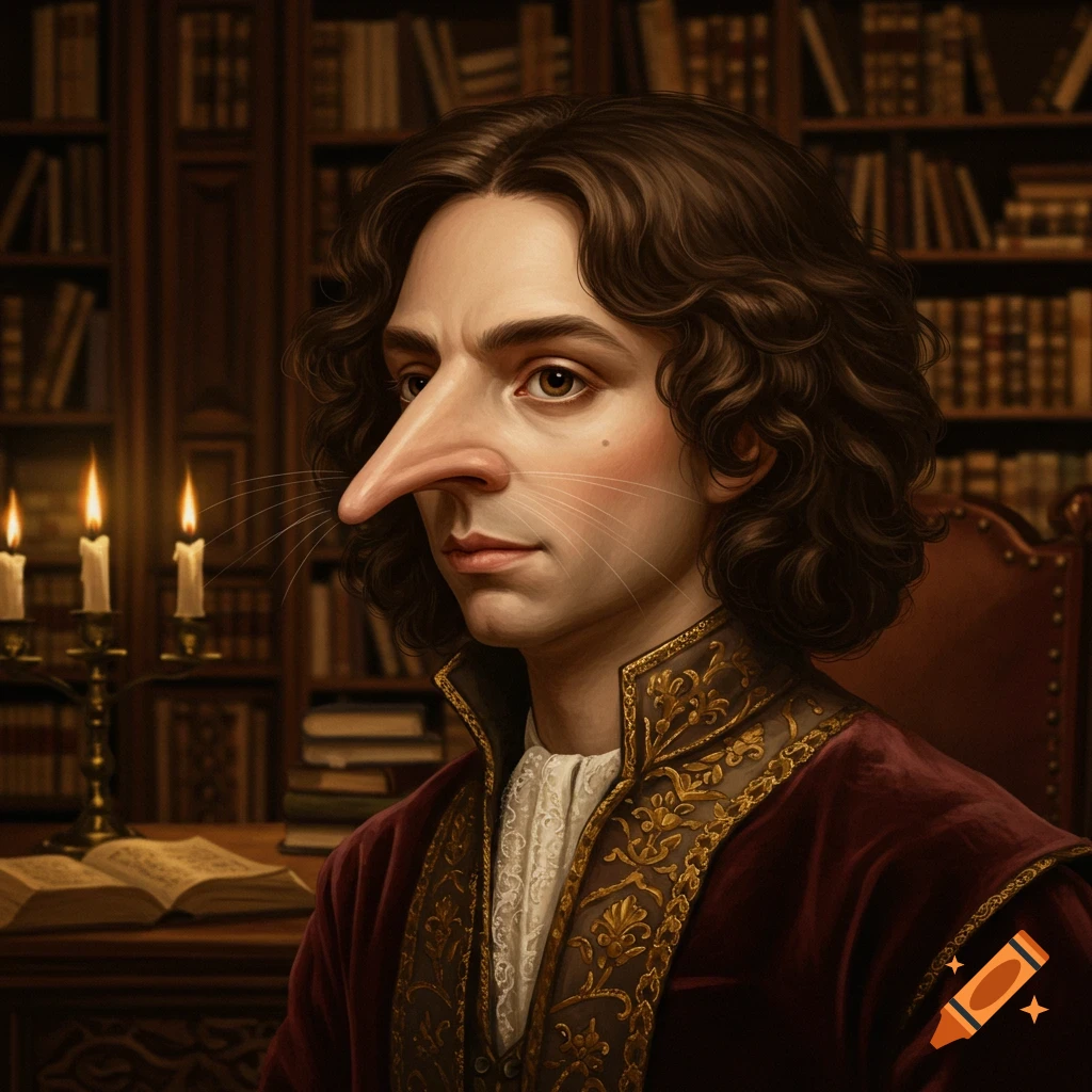 Portrait of a man with long curly hair and a long, pointed nose with whiskers, wearing an ornate velvet coat in a dimly lit library.