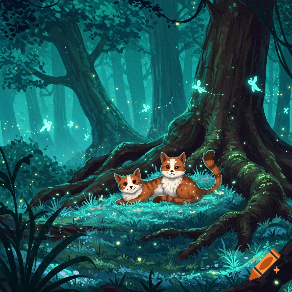 Two orange and white cats rest in a luminous teal forest with glowing fireflies in an illustrated style.