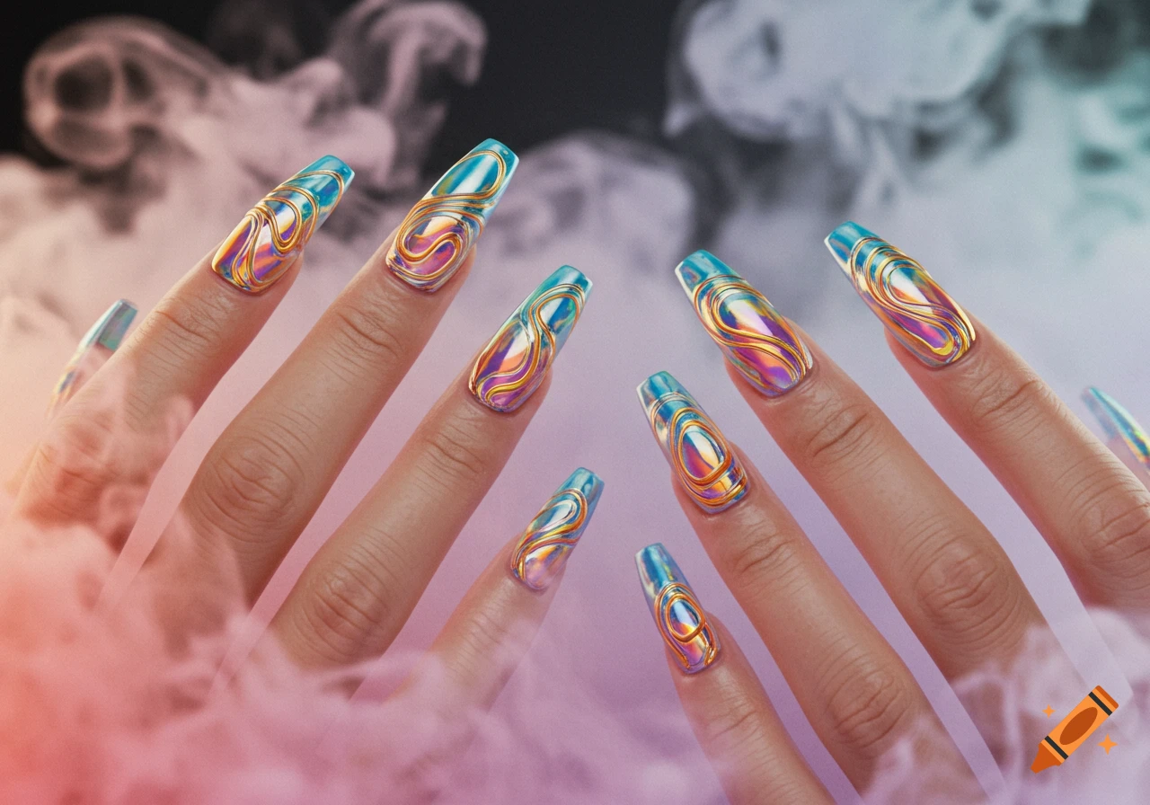 Close-up of hands with long, iridescent coffin nails featuring swirling gold and holographic designs, surrounded by soft, colorful smoke.