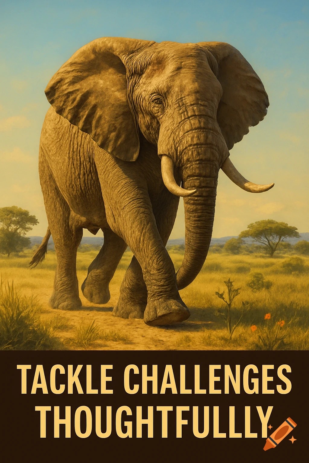 A photorealistic image of an elephant walking in a golden grassy savanna under a blue sky. The text "TACKLE CHALLENGES THOUGHTFULLLY" is at the bottom.