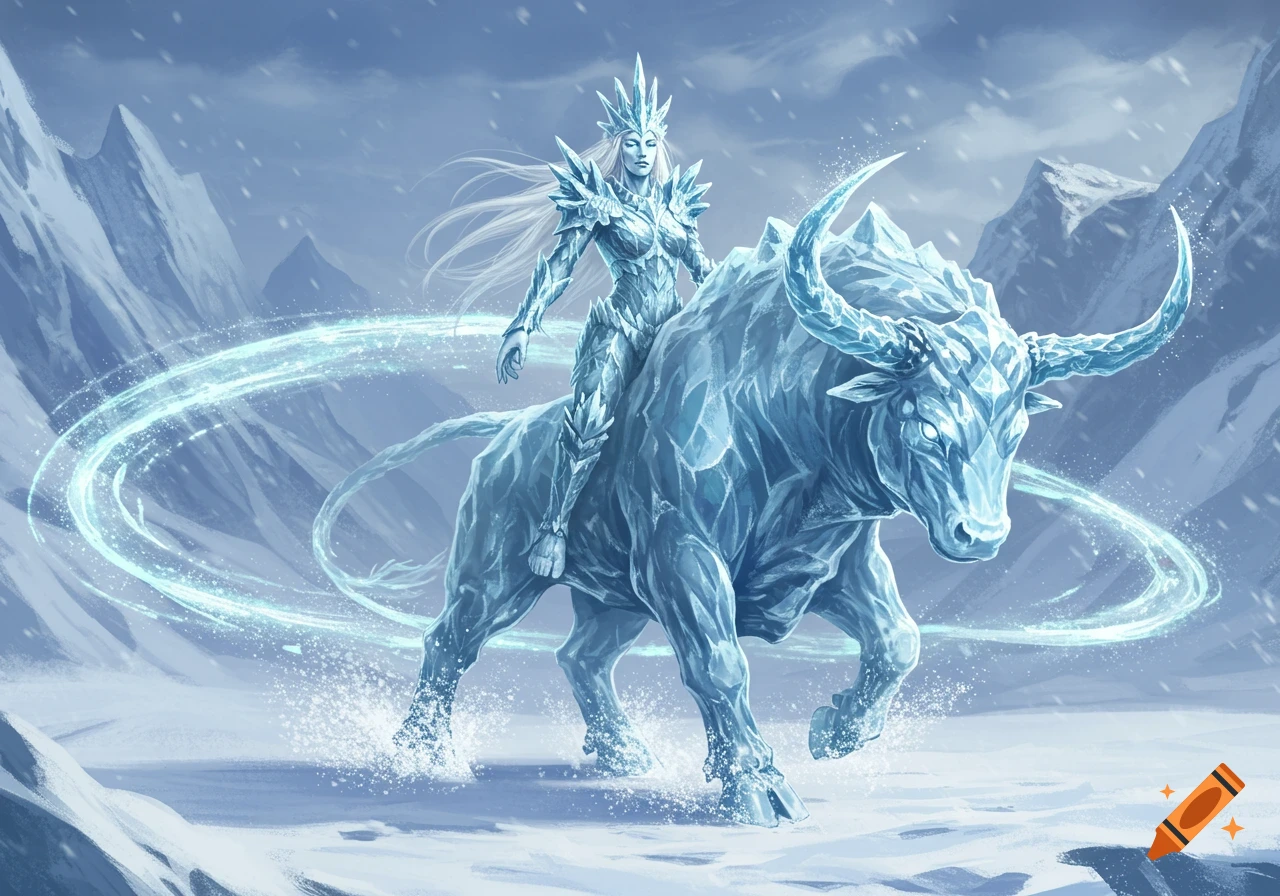 A regal frost giant queen in ice armor rides a majestic icy bull through a snowy, mountainous landscape.