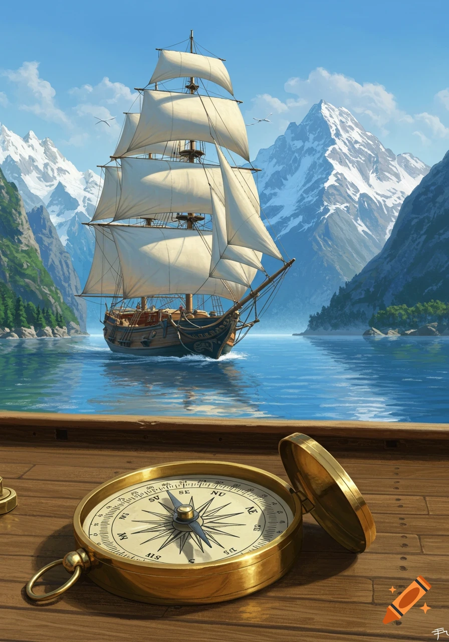 A golden compass on a wooden deck overlooks a sailboat on a calm lake surrounded by snowy mountains under a clear sky.