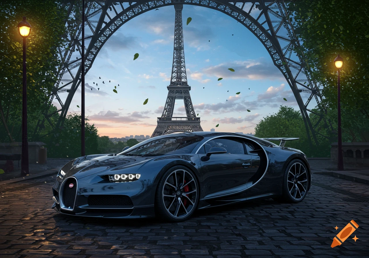 A dark blue Bugatti sports car on a cobblestone street in front of the Eiffel Tower at sunset.