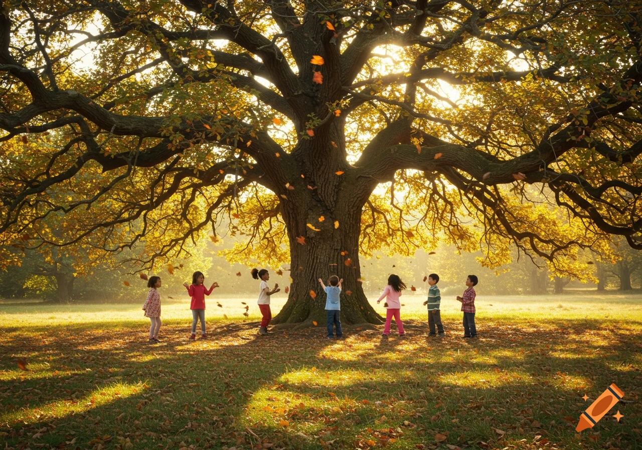 Children playing under a majestic oak tree with golden autumn leaves falling in a sunlit park.