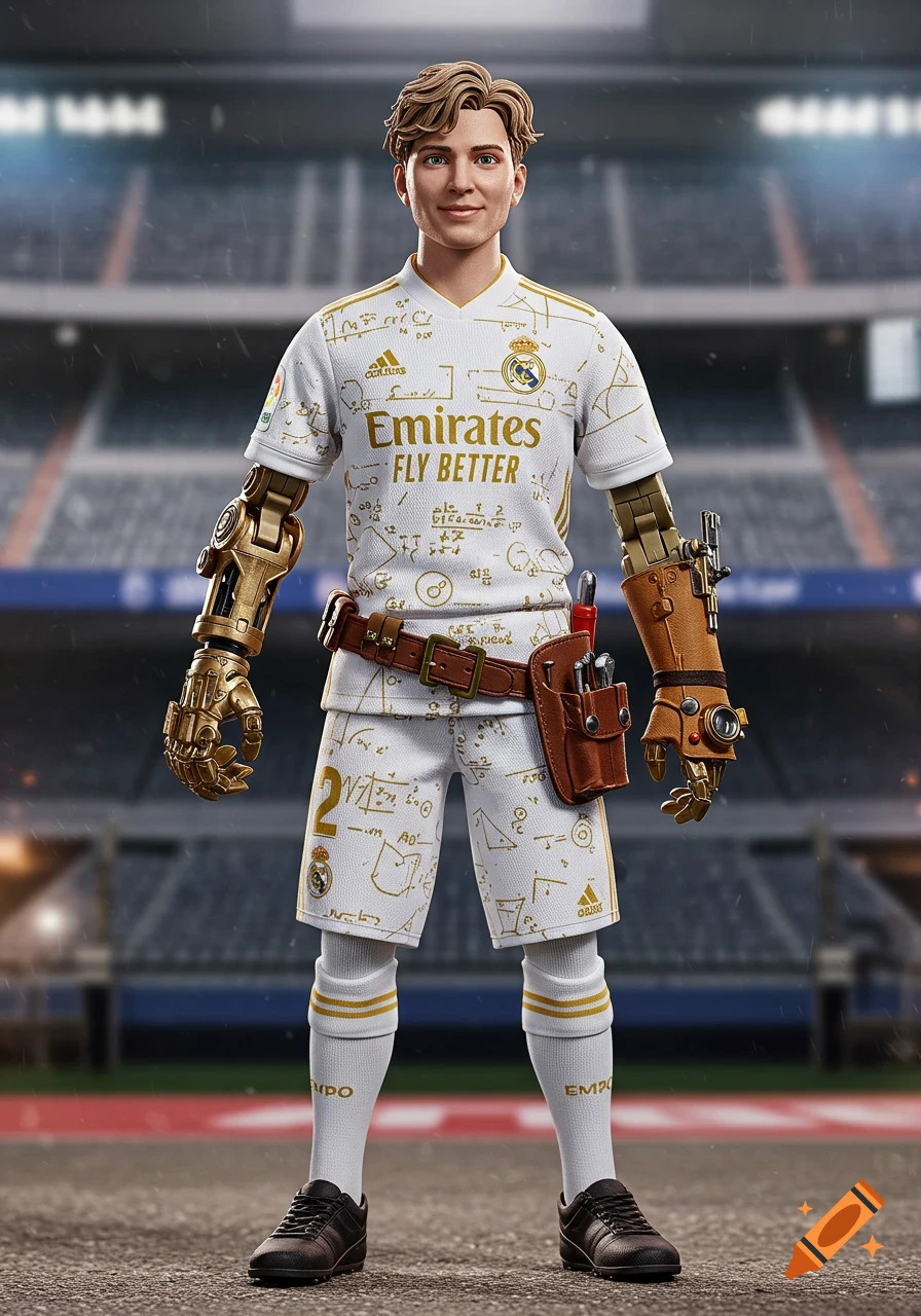 Custom action figure of a young athlete with a white and gold soccer uniform patterned with math equations, a golden mechanical left arm, and a brown leather tool gauntlet on the right, standing in a stadium.