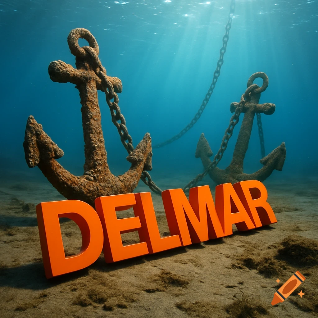 Photorealistic underwater scene with rusty anchors on a muddy seafloor, sunlight streaming through water, and orange 3D text 'DELMAR' partially buried in the foreground.