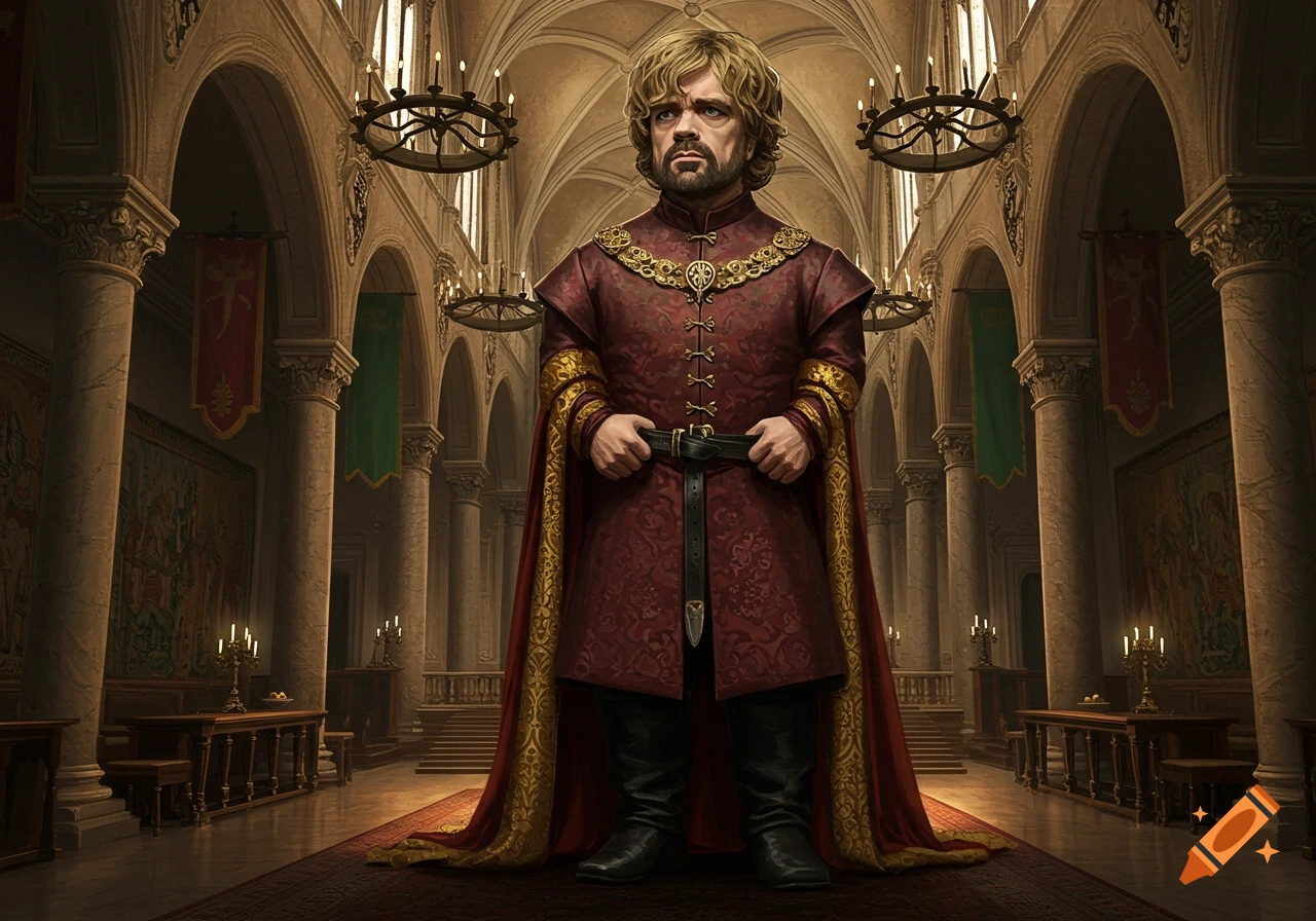 A man resembling Tyrion Lannister in a red and gold robe stands in a grand, arched hall with columns, chandeliers, and tapestries.