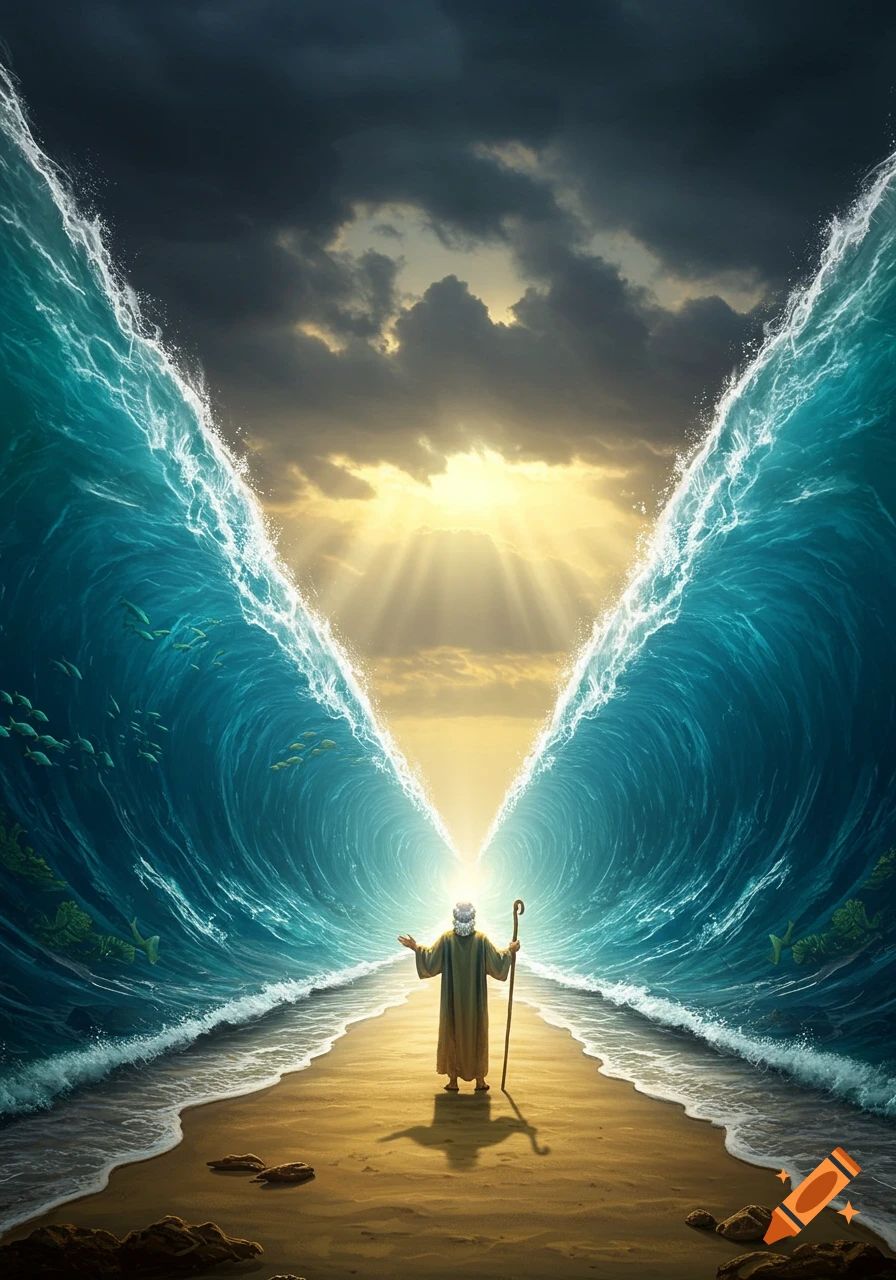 Moses stands on dry ground, arms outstretched, as the Red Sea parts into two towering walls of water under a dramatic sky with sun rays.