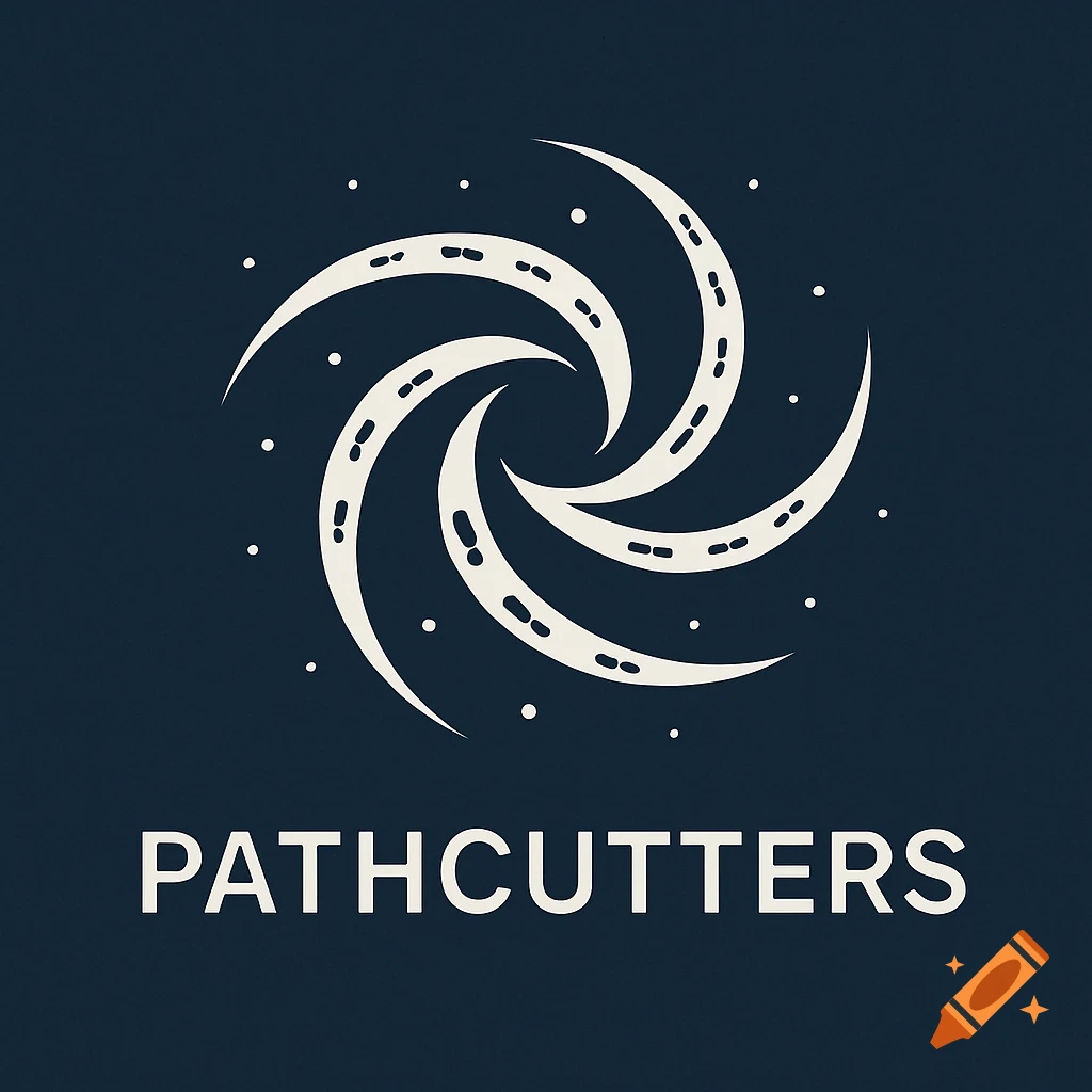 A minimalist logo with a cream-colored swirling spiral of footprints resembling a galaxy, over a dark blue background, with the word "PATHCUTTERS" in white text below.