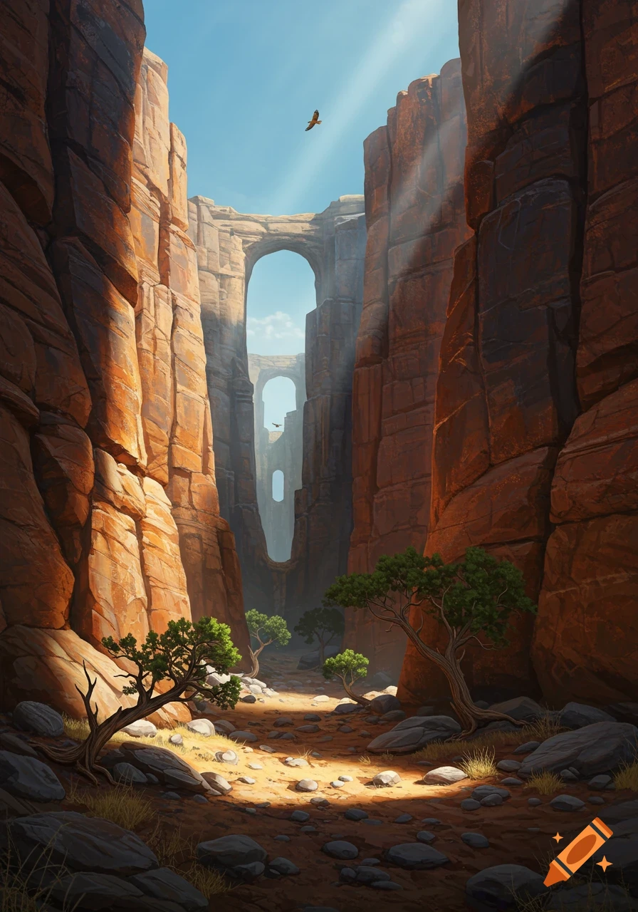 Deep canyon with towering red rock walls, natural stone arches, green trees, and sunlight on the sandy ground. A bird flies overhead.