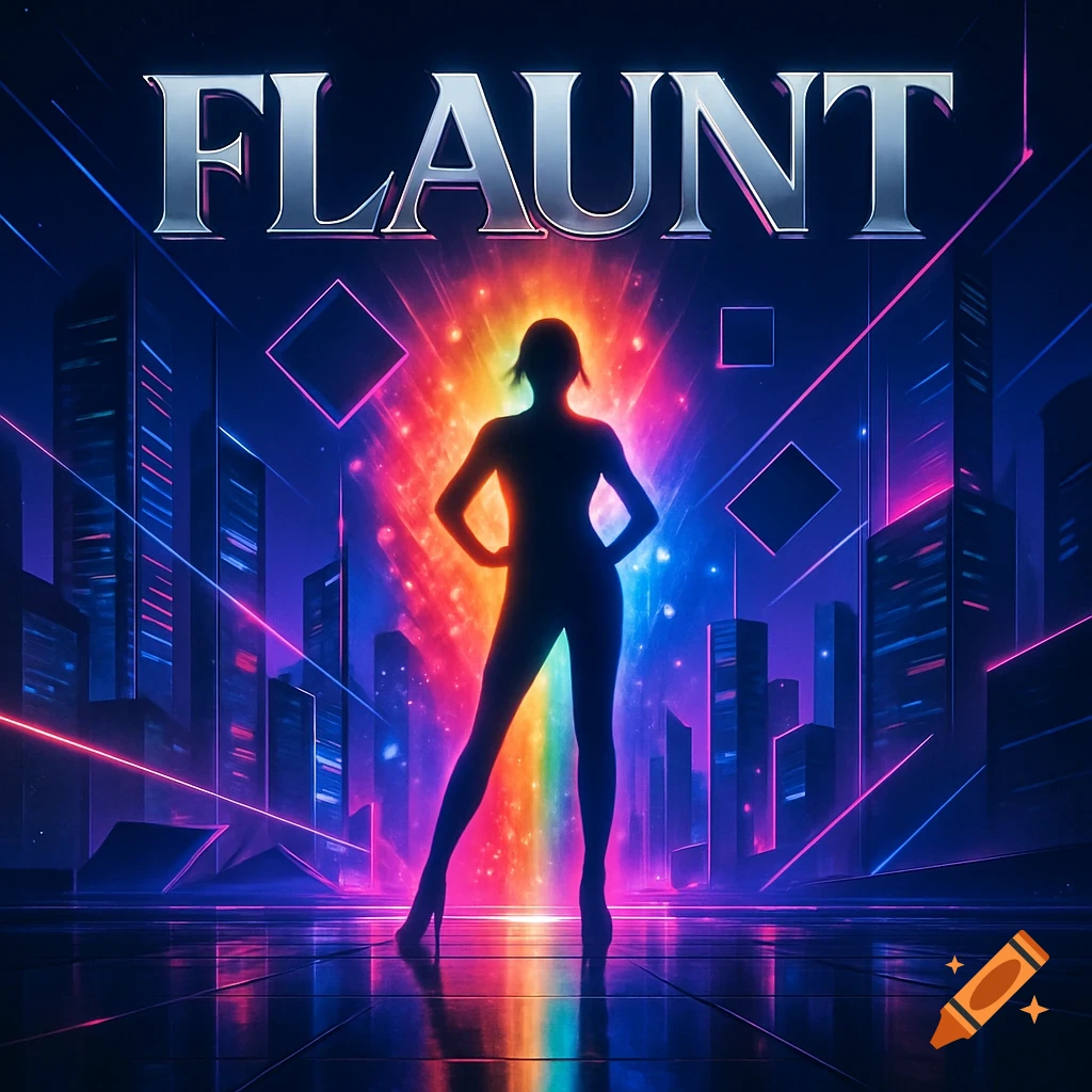 A silhouette of a woman standing in a neon-lit futuristic cityscape with a rainbow glow. The word 'FLAUNT' is above.