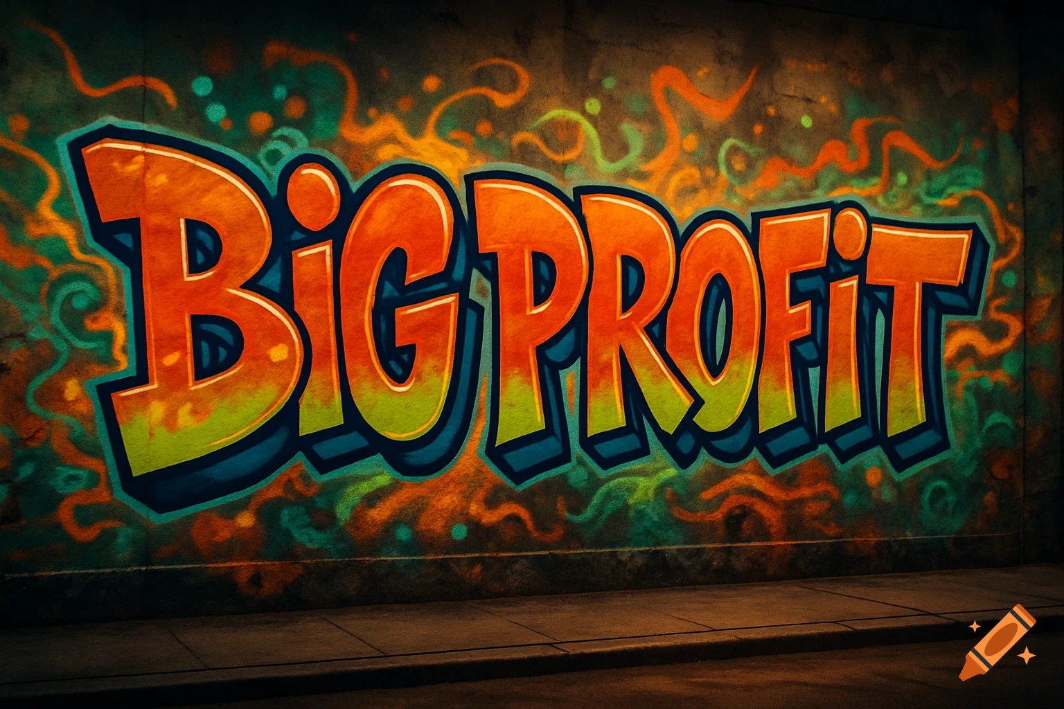 A vibrant graffiti mural on a dark wall spells out 'BIG PROFIT' in orange, yellow, and blue bubble letters, surrounded by green and orange squiggles.