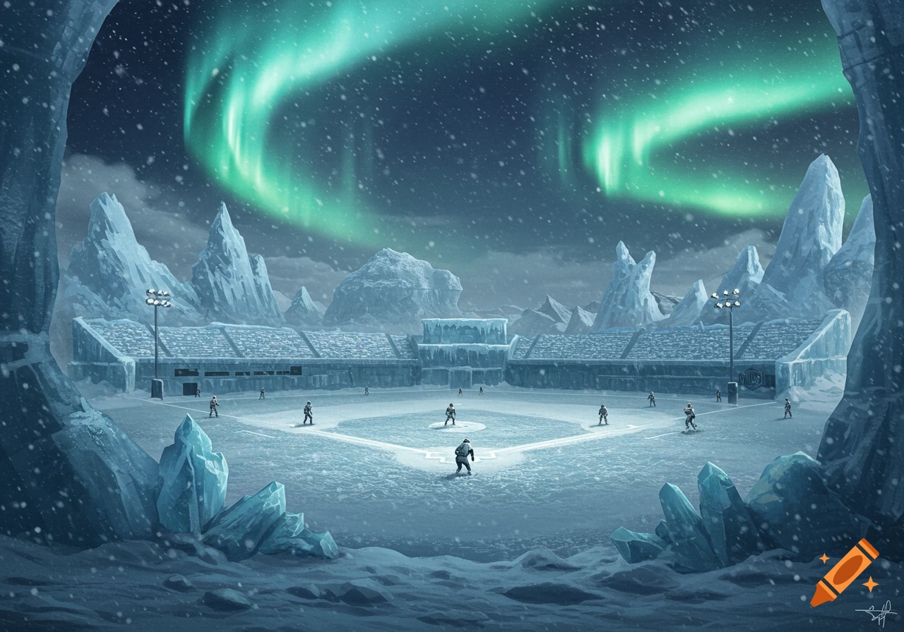 A baseball field covered in snow and ice with players on the field, surrounded by jagged ice mountains under a night sky with bright green aurora borealis.