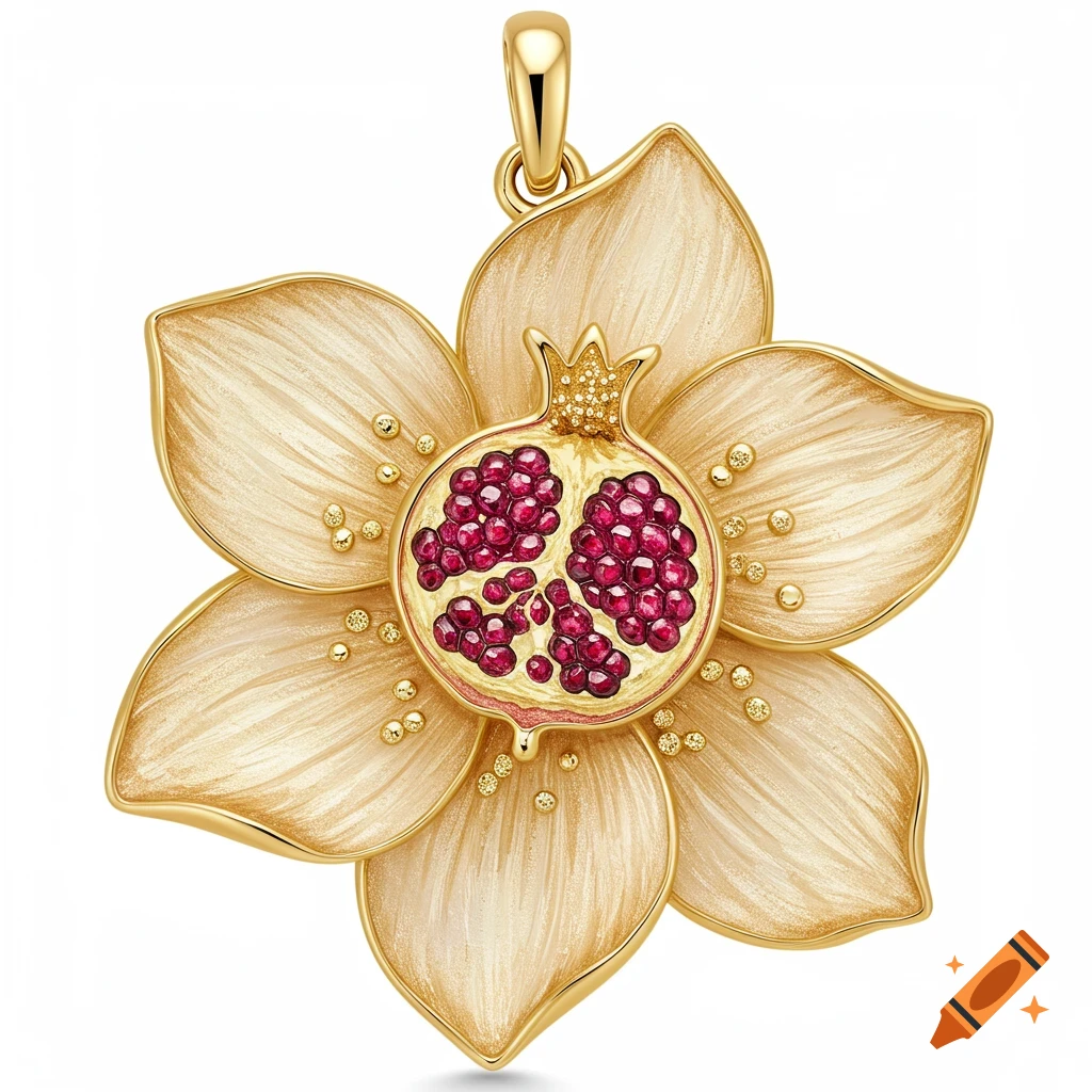 A gold daffodil flower pendant with a cut pomegranate featuring red seeds in its center, on a white background.