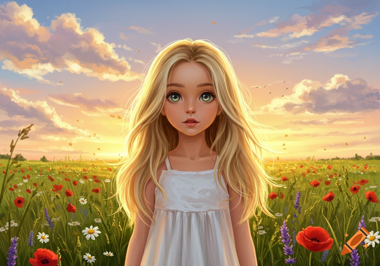 A young blonde girl with big green eyes stands in a vibrant field of red poppies and white daisies under a sunset sky.