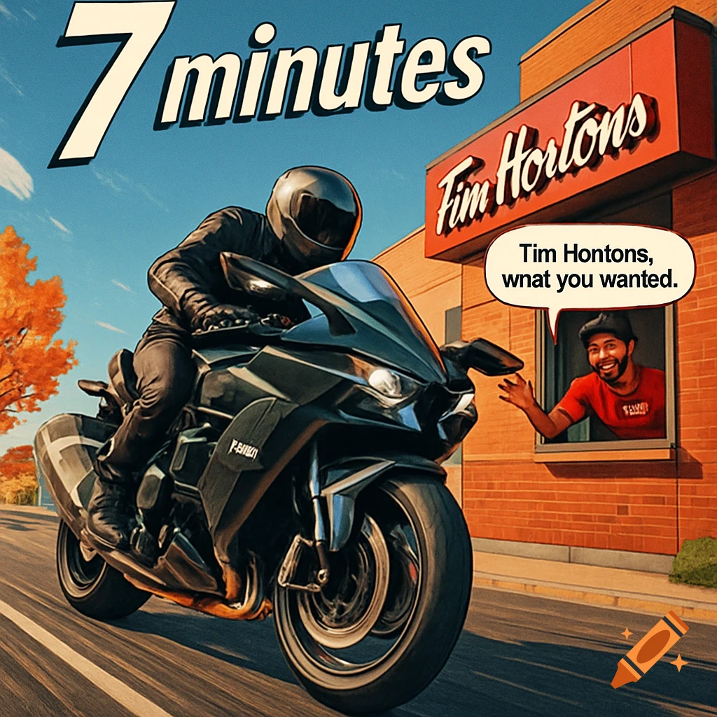 A motorcyclist in black gear pulls up to a Tim Hortons drive-thru where an employee in a red shirt leans out a window. Text at the top reads "7 minutes" and a speech bubble from the employee says "Tim Hontons, wnat you wanted."