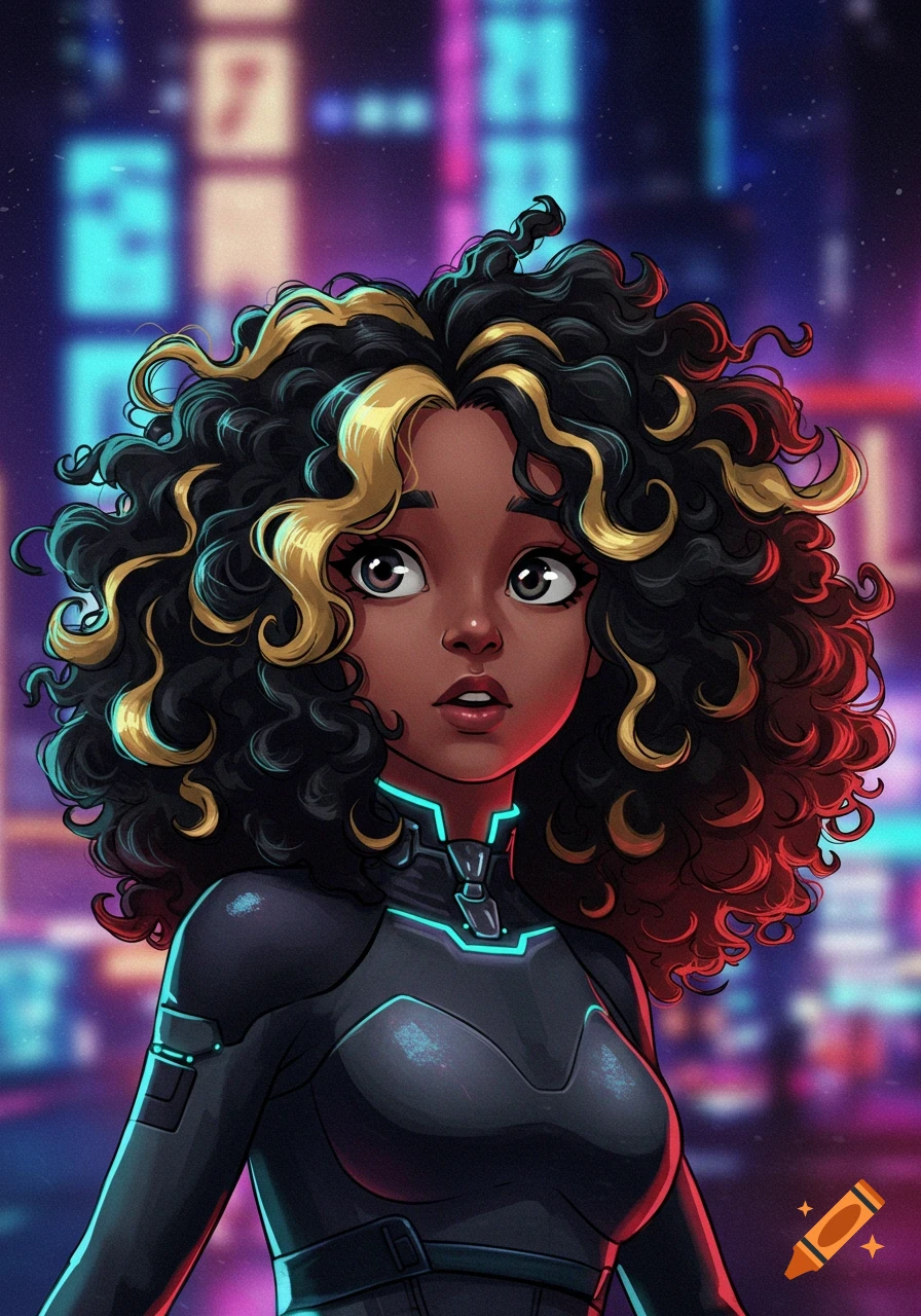 Anime-style portrait of a girl with curly black hair and blonde streaks in a futuristic suit against a neon city background.
