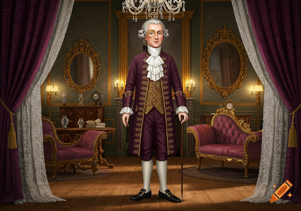 A man in an elaborate purple suit with gold embroidery, a white wig, and a monocle stands in a lavish, curtained room.