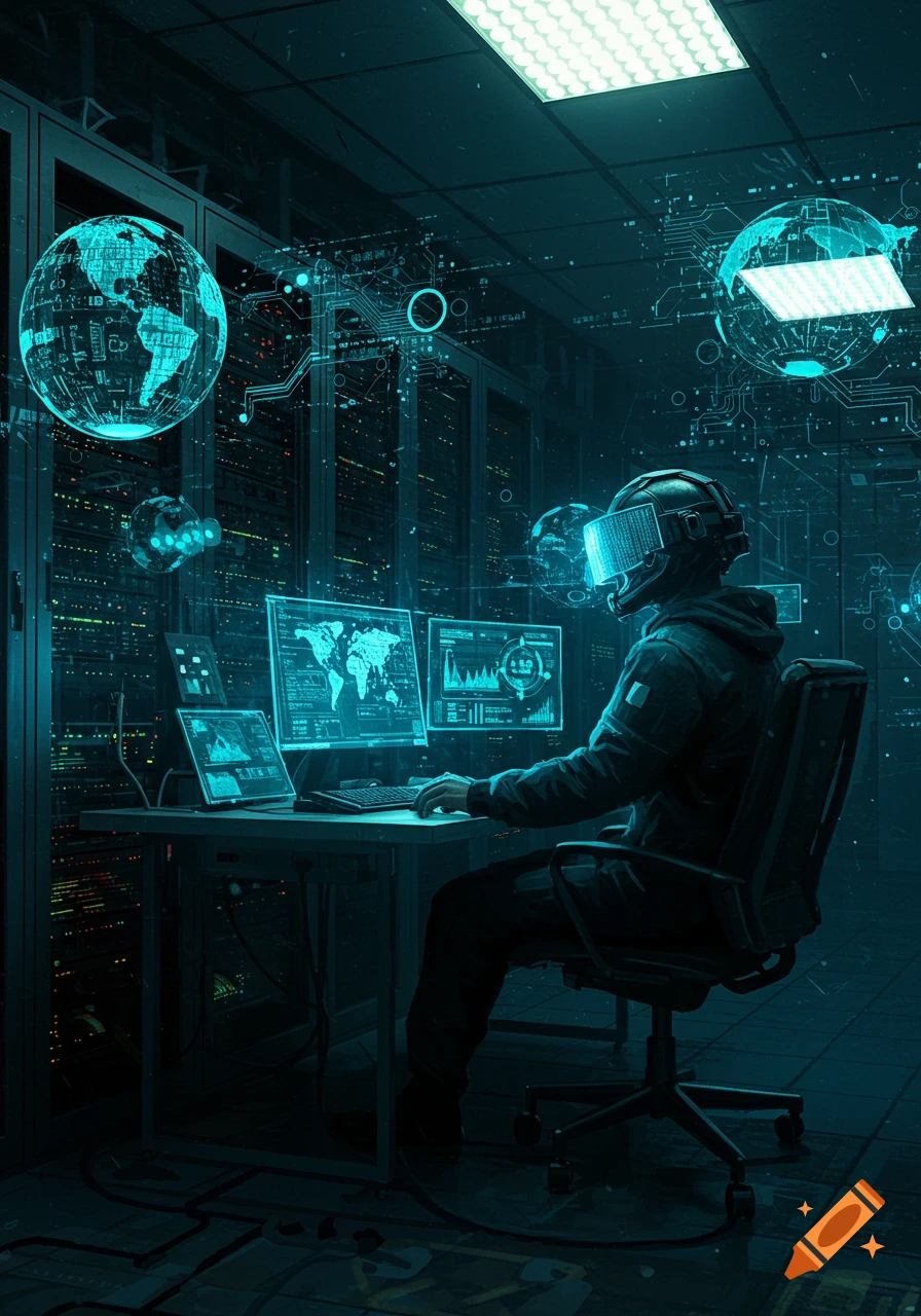 A person in a futuristic VR headset works at a desk in a dark, glowing blue data center, surrounded by servers and holographic digital globe projections.