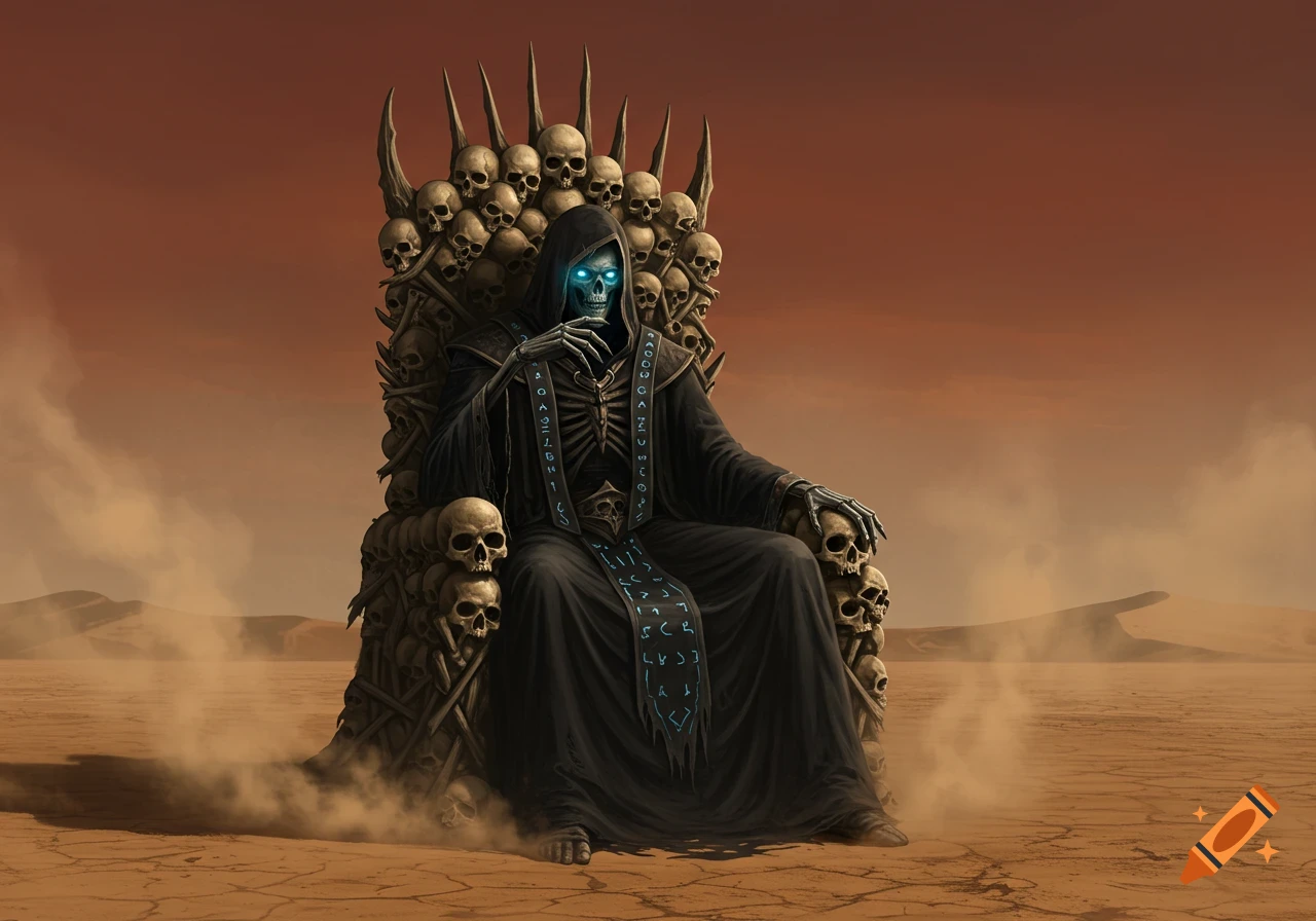A skeletal lich in black robes with glowing blue eyes sits on a throne made of skulls in a desolate desert landscape.